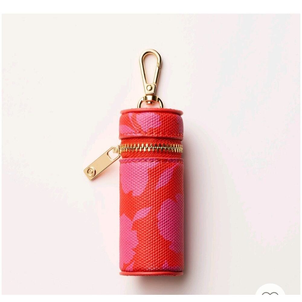 NWT Canvas Kate Spade Target Red Pink Floral Lipstick Holder Bag Charm In Hand